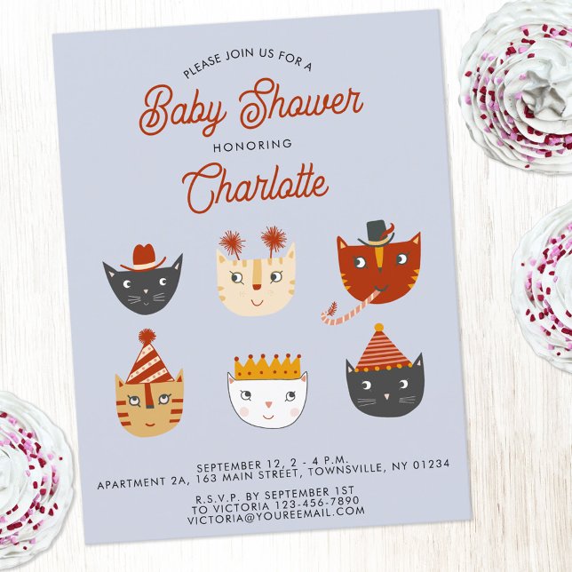 Invitación personalizada de Baby Shower a un gato  (Cute kitty cat personalized gender neutral girl or boy baby shower invitation postcard)