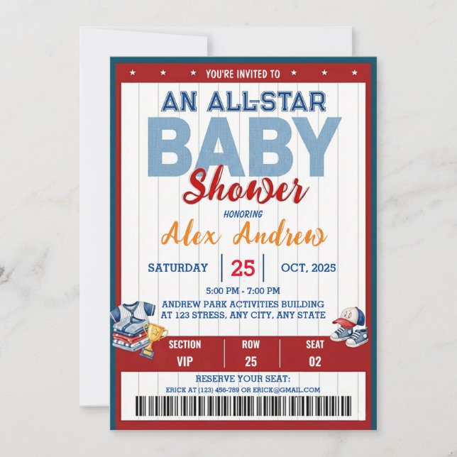 Invitación Personalizada de Baby Shower All Star (Anverso)