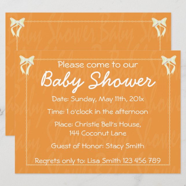 Invitación personalizada de baby shower naranja (Anverso / Reverso)