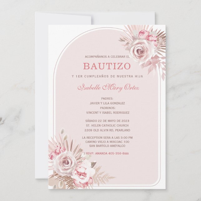 Invitación Personalizada de Bautizo para Niña con Flores Rosa (Anverso)