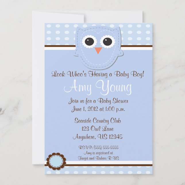 Invitación personalizada de Blue Owl Boy Baby Show (Anverso)