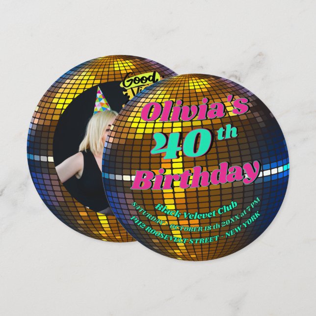 Invitación personalizada de bola de discoteca retr (Anverso / Reverso)