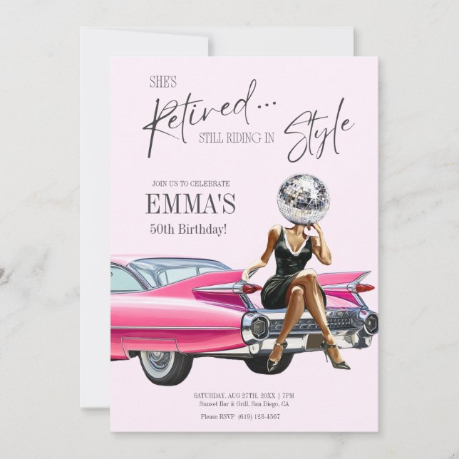 Invitación personalizada de Cadillac rosa jubilado (Anverso)