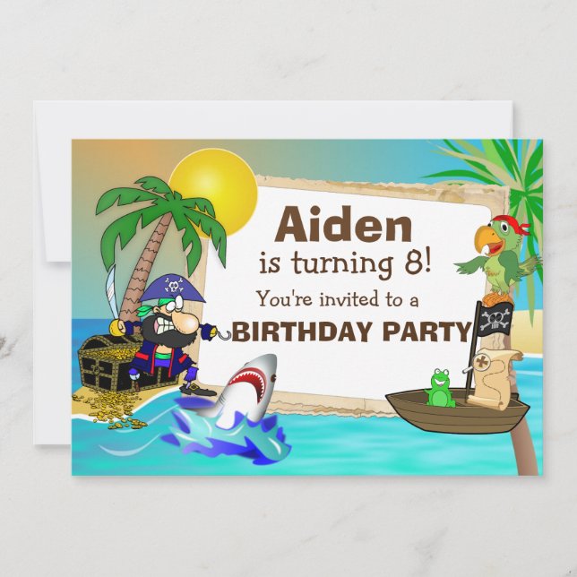 Invitación personalizada de cumpleaños a piratas y (Anverso)