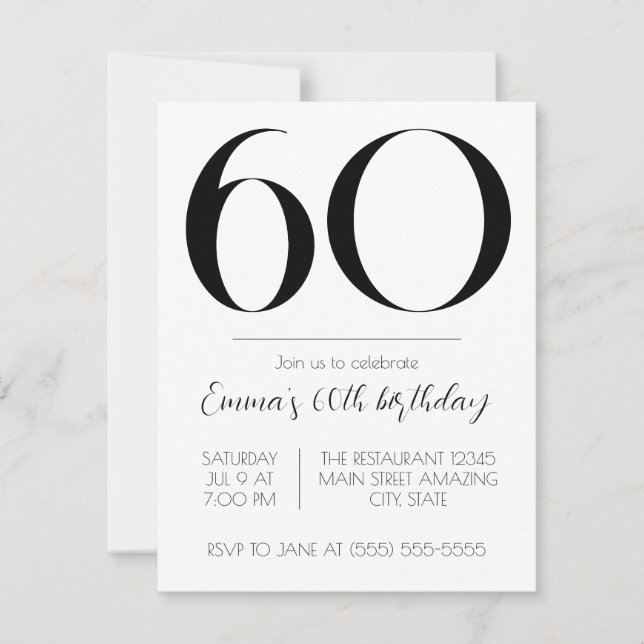 Invitación personalizada de cumpleaños blanco y ne (Anverso)