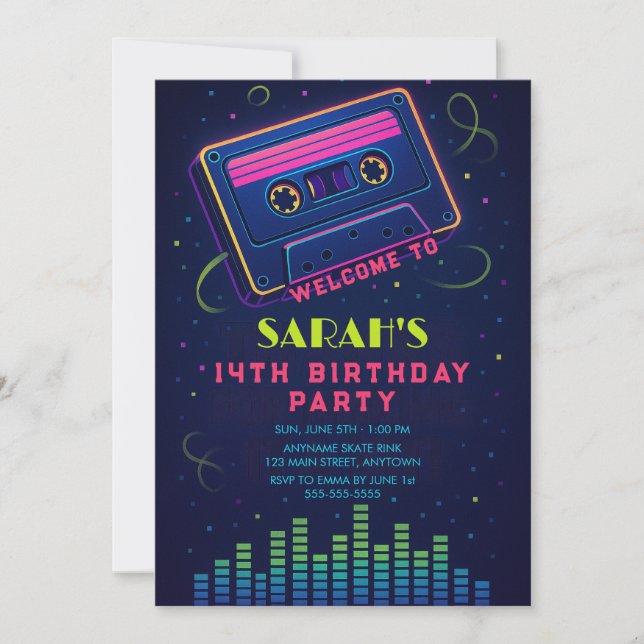 Invitación personalizada de cumpleaños con neón az (Anverso)