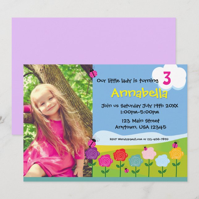 Invitación personalizada de cumpleaños Dama Bug Fl (Anverso / Reverso)