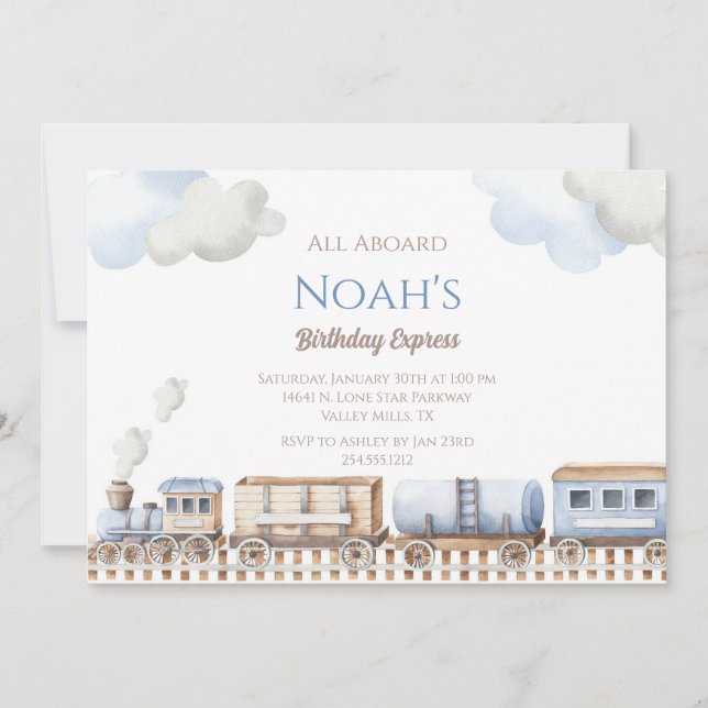 Invitación personalizada de cumpleaños de tren (Anverso)