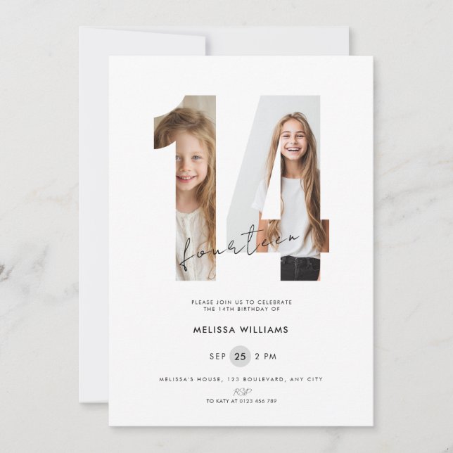 Invitación personalizada de cumpleaños número 14 p (Anverso)
