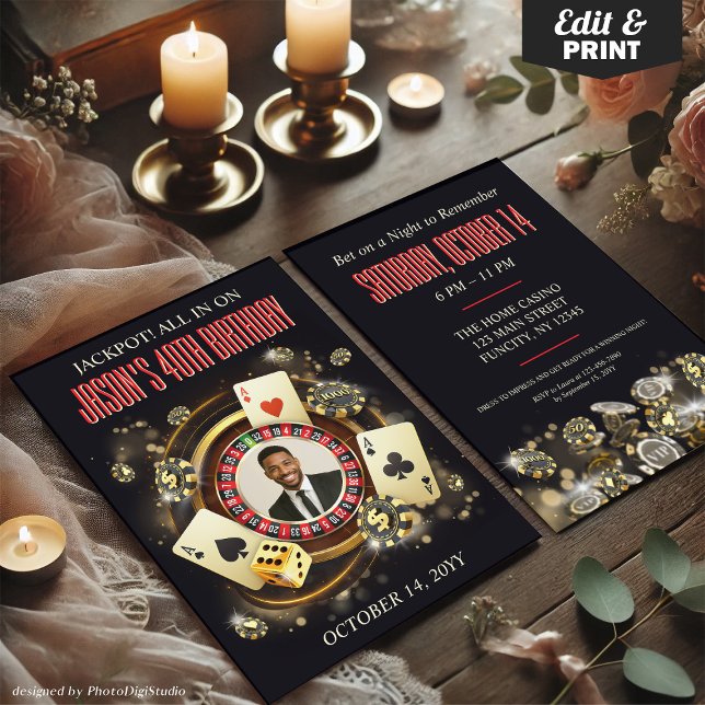Invitación personalizada de cumpleaños para fiesta (Custom Photo Casino Birthday Party Invite, Casino Invitation with Photo)