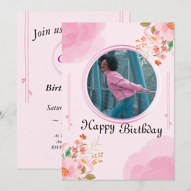 Invitación personalizada de cumpleaños rosado (Anverso / Reverso)