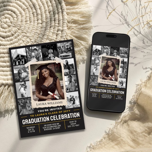 Invitación personalizada de graduación, Collage de (Custom Graduation Invite, Retro Photo Collage Invitation)