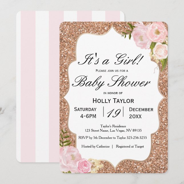 Invitación personalizada de Rosa Gold Baby Shower (Anverso / Reverso)