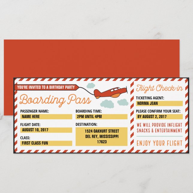 Invitación personalizada de tarjeta de embarque pa (Anverso / Reverso)