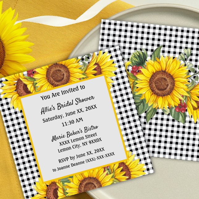 Invitación Personalizada Diseño de Cuadro y Giraso (Bridal Shower invitation - Sunflowers and Gingham Rustic Country Style)