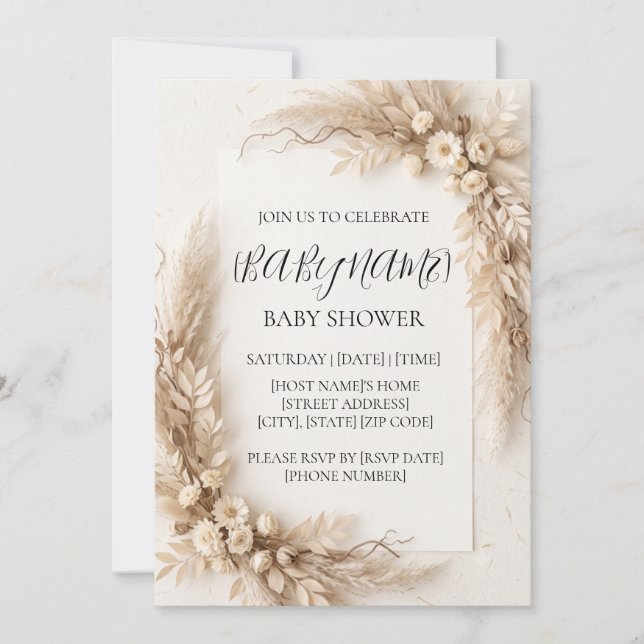 Invitación personalizada neutral boho para baby sh (Anverso)