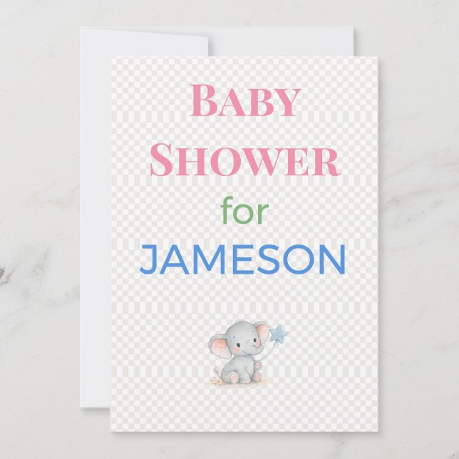 Invitación personalizada para baby shower de elefa (Anverso)