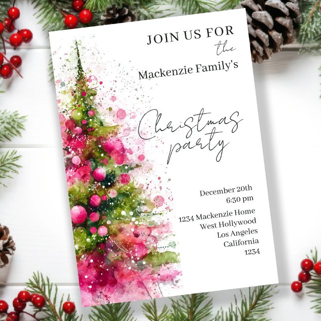 Invitación personalizada para fiesta de árbol de N (Pink Christmas Tree Party Personalized Invitations by Ricaso. Bold Pink Modern and Stylish invites)