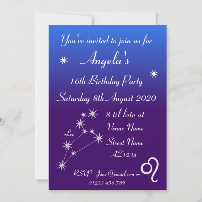 Invitación personalizada para fiesta del Zodiaco L (Anverso)