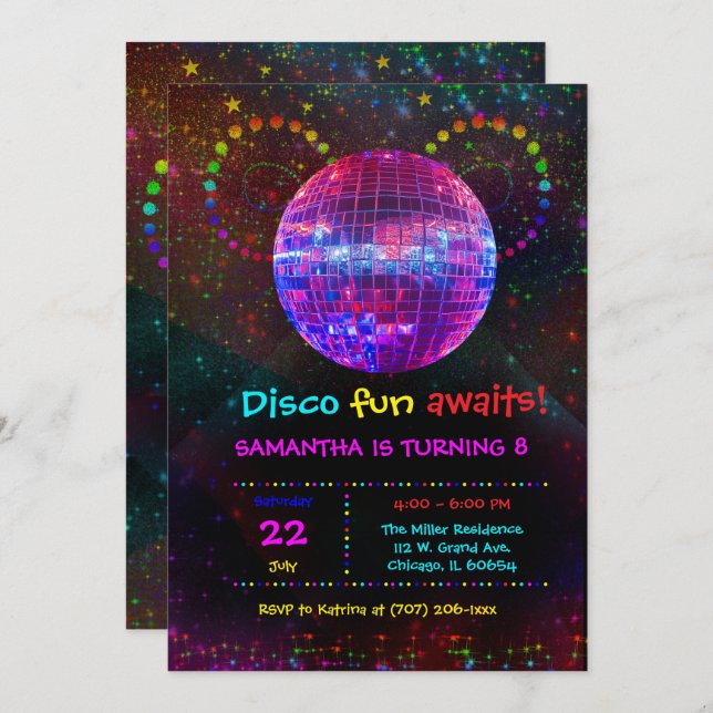 Invitación personalizada para fiesta Disco - Diseñ (Anverso / Reverso)