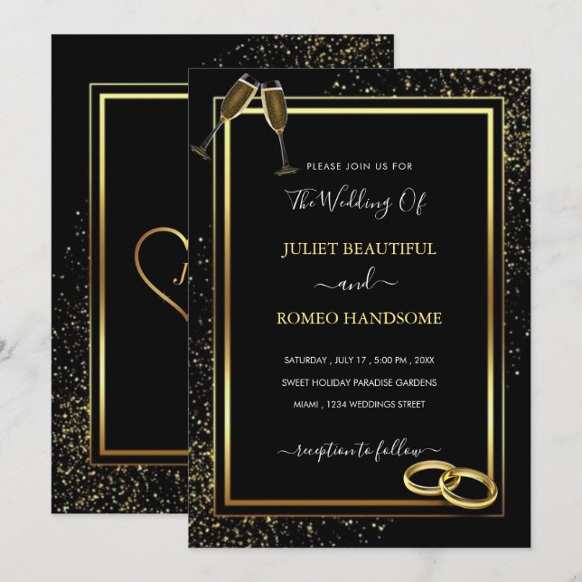 Invitación personalizada simple a la boda negra de (Anverso / Reverso)