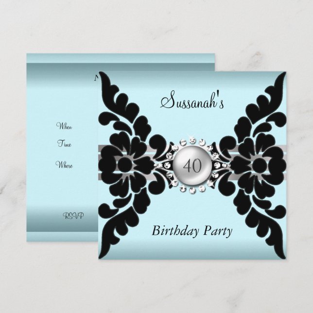 Invitación personalizada verde azulado y negro (Anverso / Reverso)