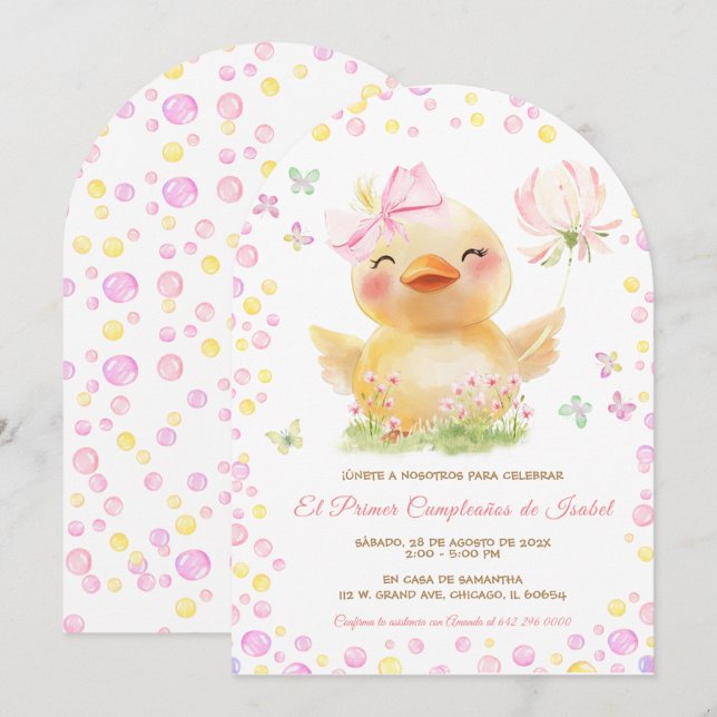 Invitación Personalizadas Primer Cumpleaños Niña Con Patito (Anverso / Reverso)