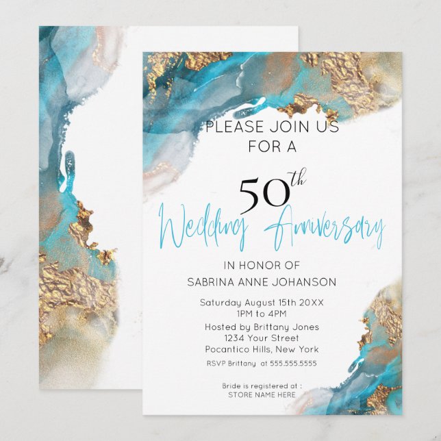 Invitación Personalizado2 50º W Aniversario Verde azulado y O (Anverso / Reverso)