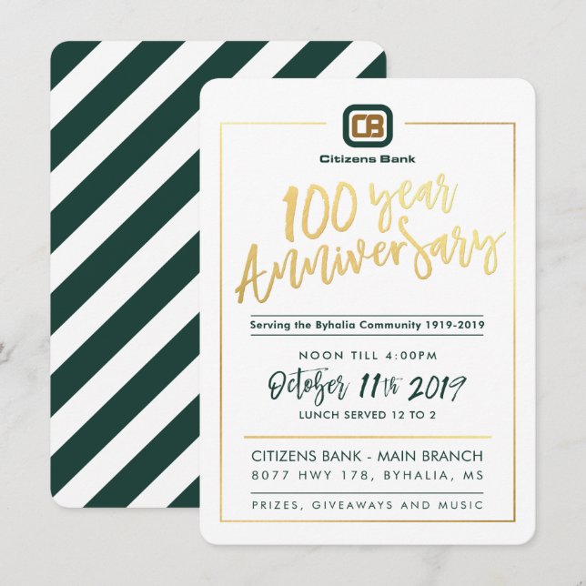 Invitación PERSONALIZADO 100 años FIESTA ANIVERSARIO - Banco  (Anverso / Reverso)