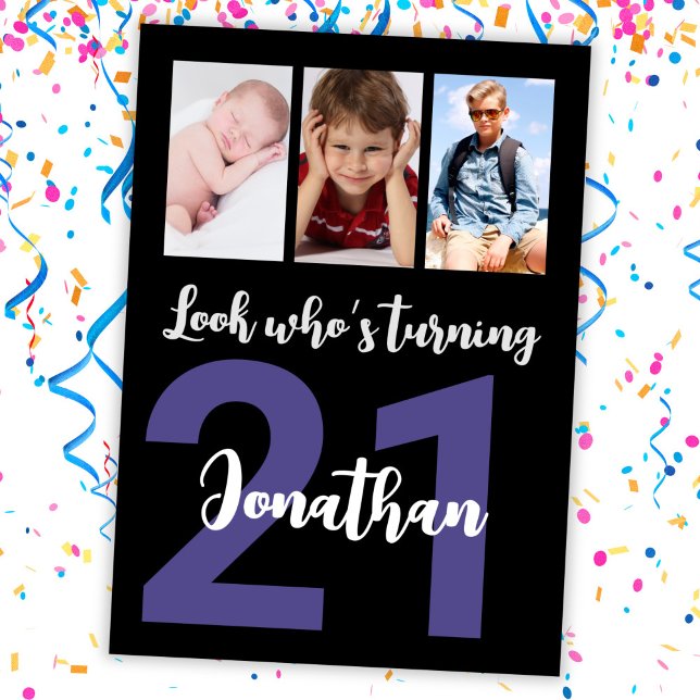 Invitación Personalizado 21º cumpleaños Collage de fotos negr (Subido por el creador)