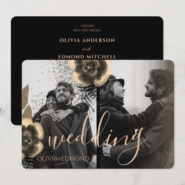 Invitación Personalizado 2 Fotos Boda de marcos de flores dor (Anverso / Reverso)