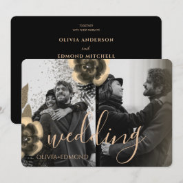 Invitación Personalizado 2 Fotos Boda de marcos de flores dor