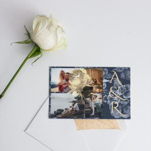 Invitación Personalizado 4 Fotos Boda Floral Azul de la Marin