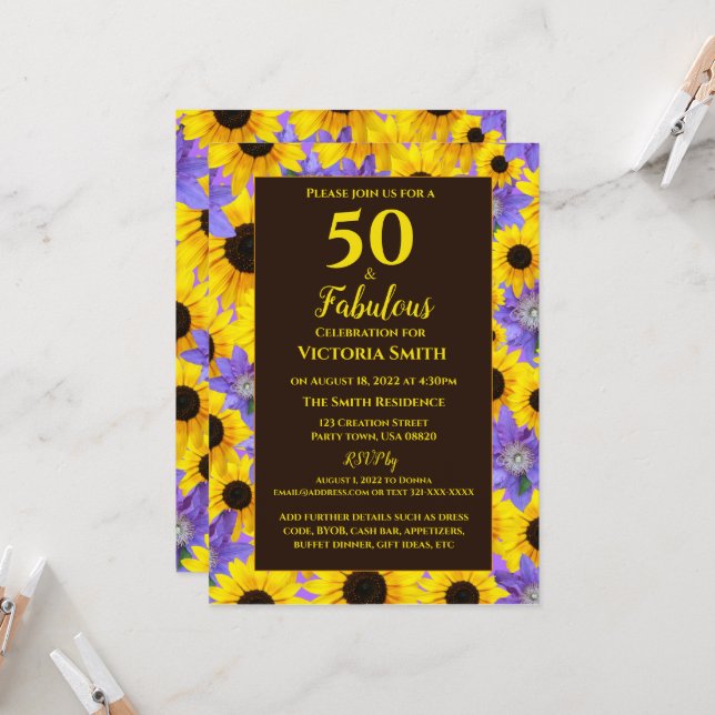 Invitación Personalizado 50 y Fabuloso Floral Amarillo y Púrp (Anverso/Reverso In Situ)