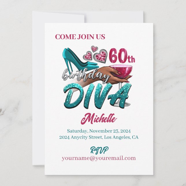 Invitación Personalizado 60.º cumpleaños de la diva negra afr (Anverso)