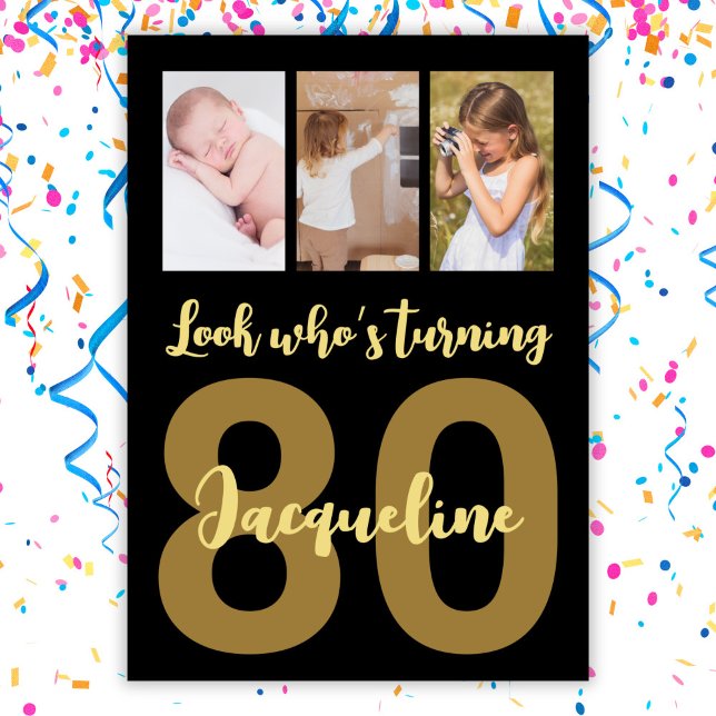 Invitación Personalizado 80 cumpleaños Collage de fotos negro (Subido por el creador)