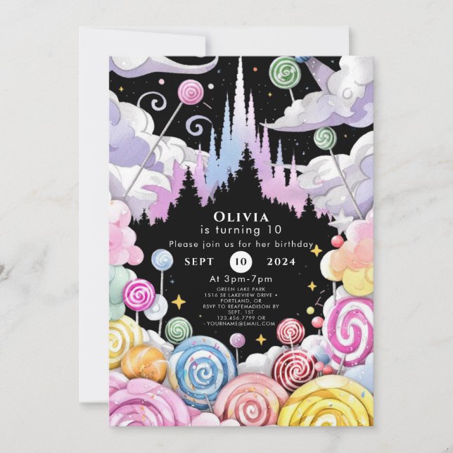 Invitación Personalizado acuarela Candyland Cumpleaños (Anverso)