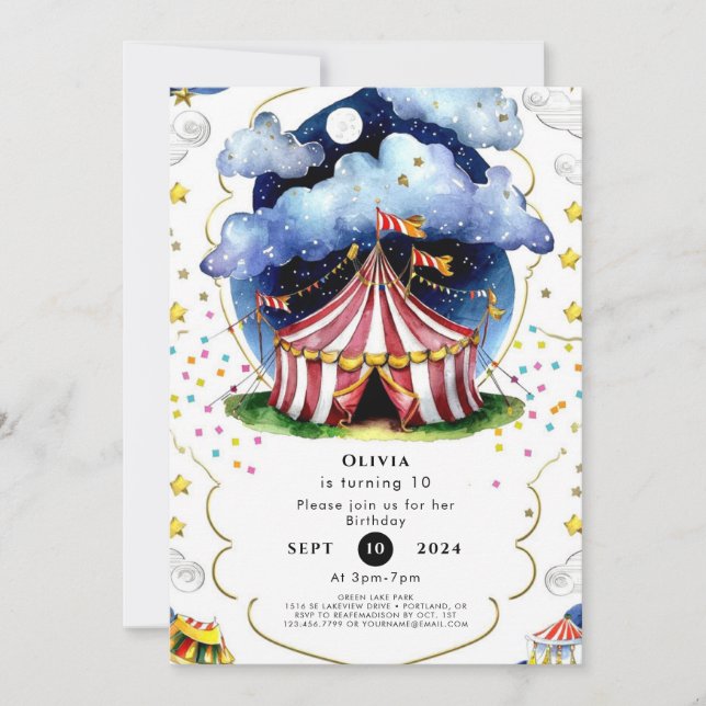 Invitación Personalizado acuarela Circo Cumpleaños (Anverso)