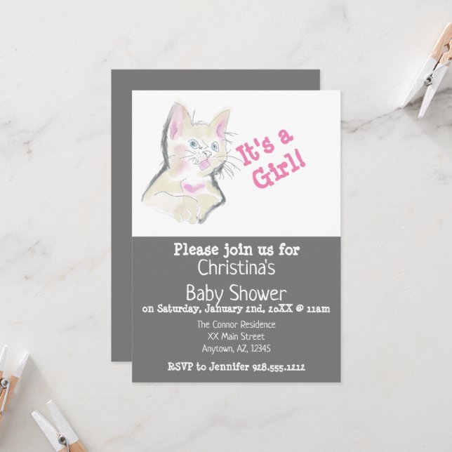 Invitación Personalizado acuarela Kitten Baby Shower (Anverso/Reverso In Situ)