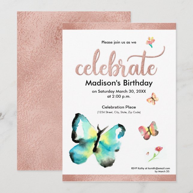 Invitación Personalizado acuarela mariposa faux rosegold cump (Anverso / Reverso)