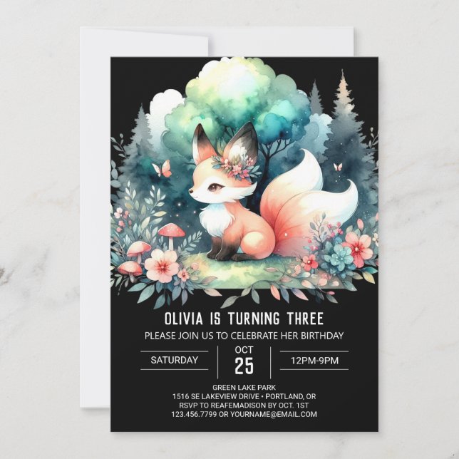 Invitación Personalizado Adorable Fox Birthday digital (Anverso)