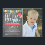 Invitación Personalizado Age Elephant Birthday Party | Cumple<br><div class="desc">Celebra el chica/chico de cumpleaños con esta invitación adorable y moderna que incluye un elefante,  pizarra y foto. Esta invitación es genial para cualquier edad porque puedes personalizar el número en el globo. Disponible en varios colores.</div>
