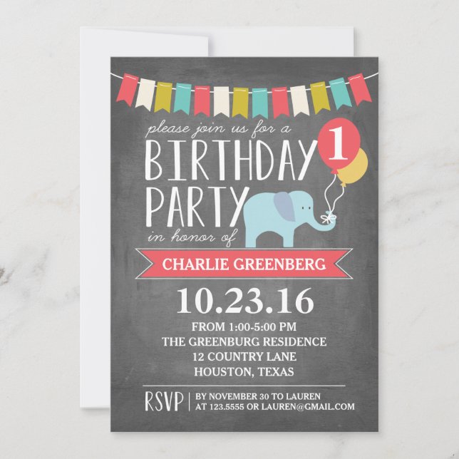 Invitación Personalizado Age Elephant Birthday Party | Cumple (Anverso)
