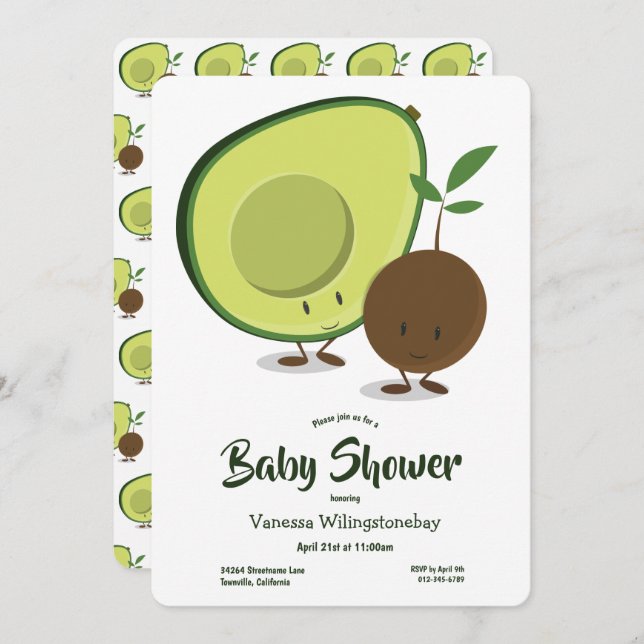 Invitación Personalizado aguacate y Baby Shower verde blanco (Anverso / Reverso)