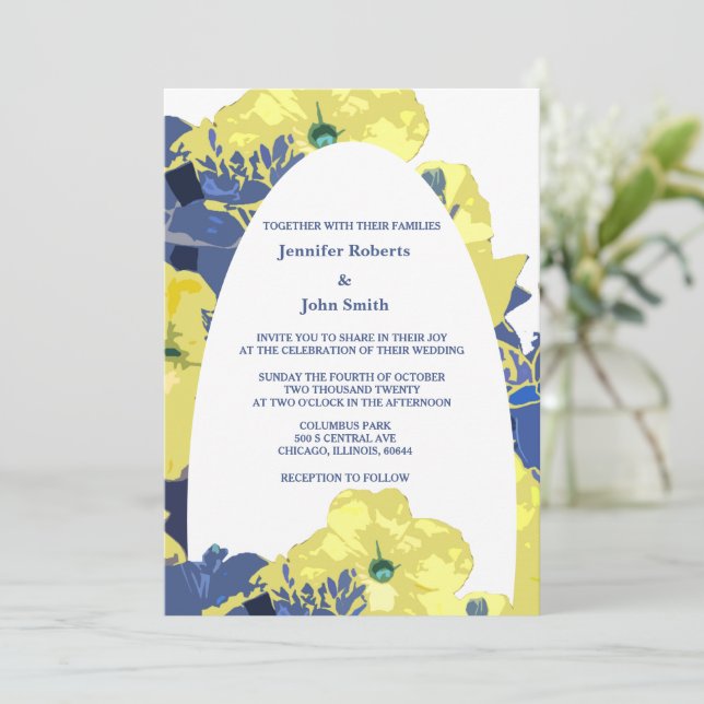 Invitación Personalizado amarillo floral azul blanco Artsy Ar (Anverso de pie)