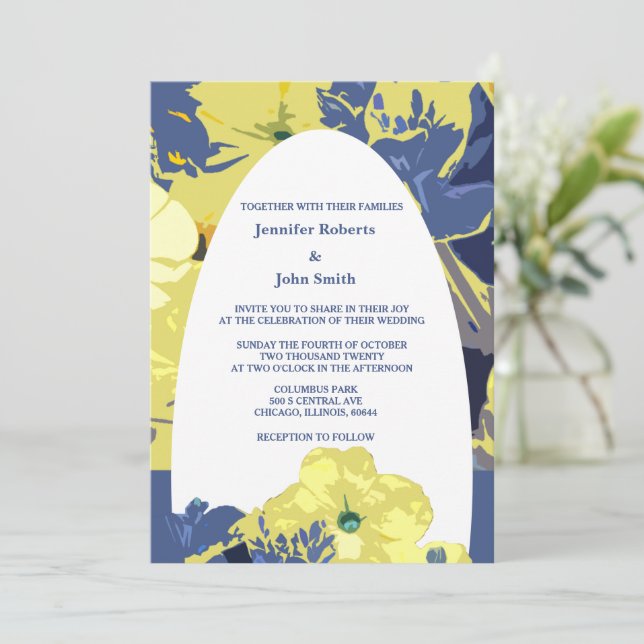 Invitación Personalizado amarillo floral azul turbio Boda Art (Anverso de pie)