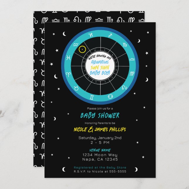 Invitación Personalizado Astrología Sol Rótulo Zodiac Baby Sh (Anverso / Reverso)