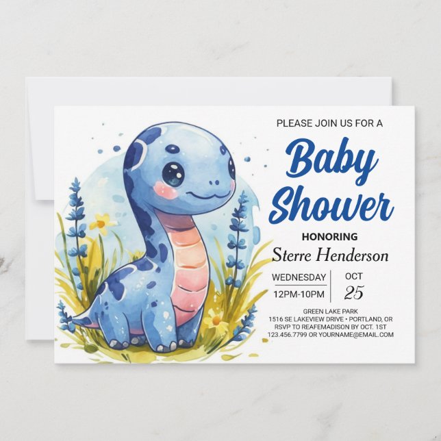 Invitación Personalizado azul bohemio Dinosaur Boy Baby Showe (Anverso)