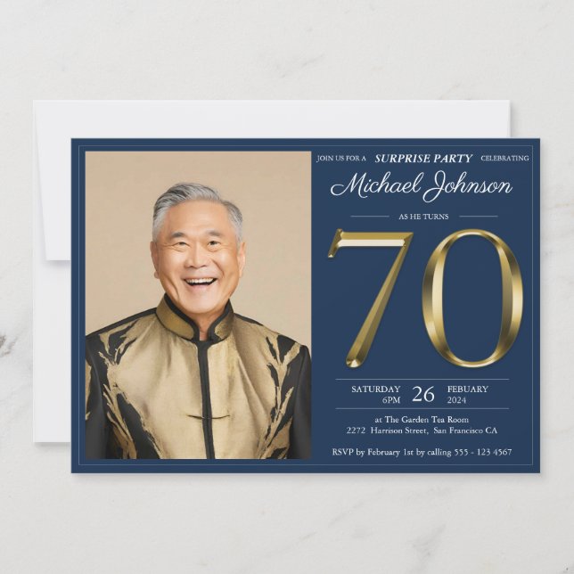 Invitación Personalizado azul de la marina de oro foto sorpre (Anverso)