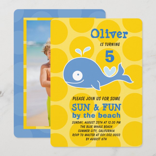 Invitación Personalizado azul Fiesta de la playa de ballenas  (Anverso / Reverso)